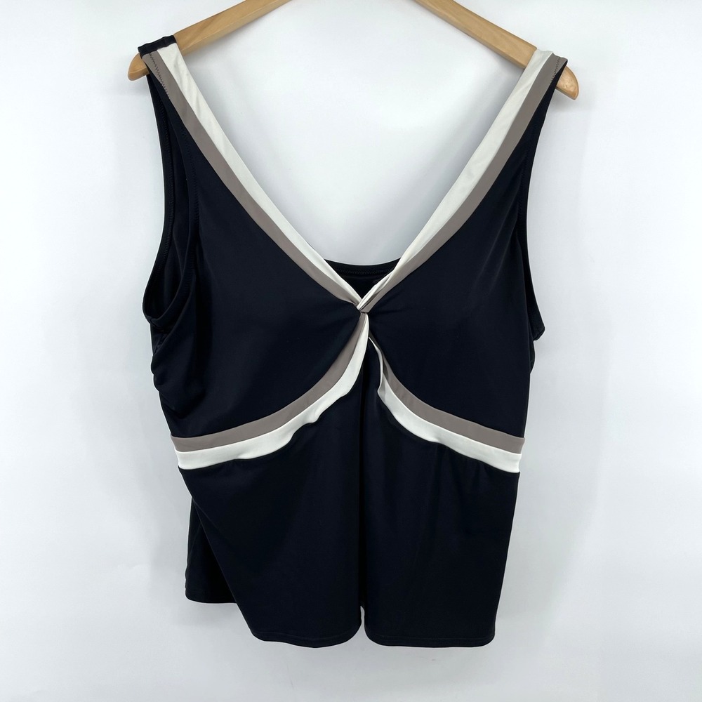 Land's End Twist Front Tankini Swim Top Black Tan Cream 22W Built in Shelf‎ Bra